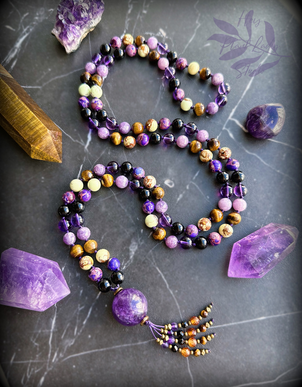 Enchanted Journey - Amethyst Guru - Hessonite Garnet, Black Spinel, Tigers Eye, Amethyst Tassel - 108 Gemstone Mala Necklace