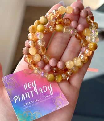 Radiant Manipura -  8mm Yellow Aura Quartz, Honey Citrine, Honey Calcite, Golden Tigers Eye, Gold Aura Quartz and Rhodonite. Gemstone Stretch Mala Bracelet