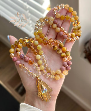 Radiant Being of Light - 24k Gold Overlay Hamsa + Aura Quartz - 108 Gemstone Mala Necklace