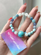 Load image into Gallery viewer, Larimar + 925 Sterling Silver Bracelet - Aquamarine, Larimar, Rainbow Moonstone, Iolite - Gemstone Stretch Mala Bracelet