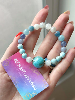 Larimar + 925 Sterling Silver Bracelet - Aquamarine, Larimar, Rainbow Moonstone, Iolite - Gemstone Stretch Mala Bracelet