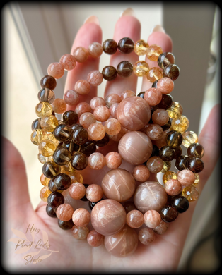 Daughters of the Sun - Peach Moonstone Focal - 8mm Sunstone, Citrine, Garnet, Smoky Quartz - Gemstone Mala Bracelet
