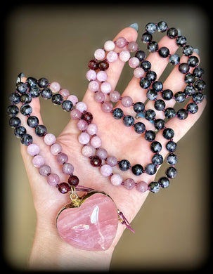 Integrating the Shadow - Mystic Merlinite, Kunzite, Brazilian Garnet and Madagascar Rose Quartz 108 Mala Bead Necklace - 24k Gold Rose Quartz Heart