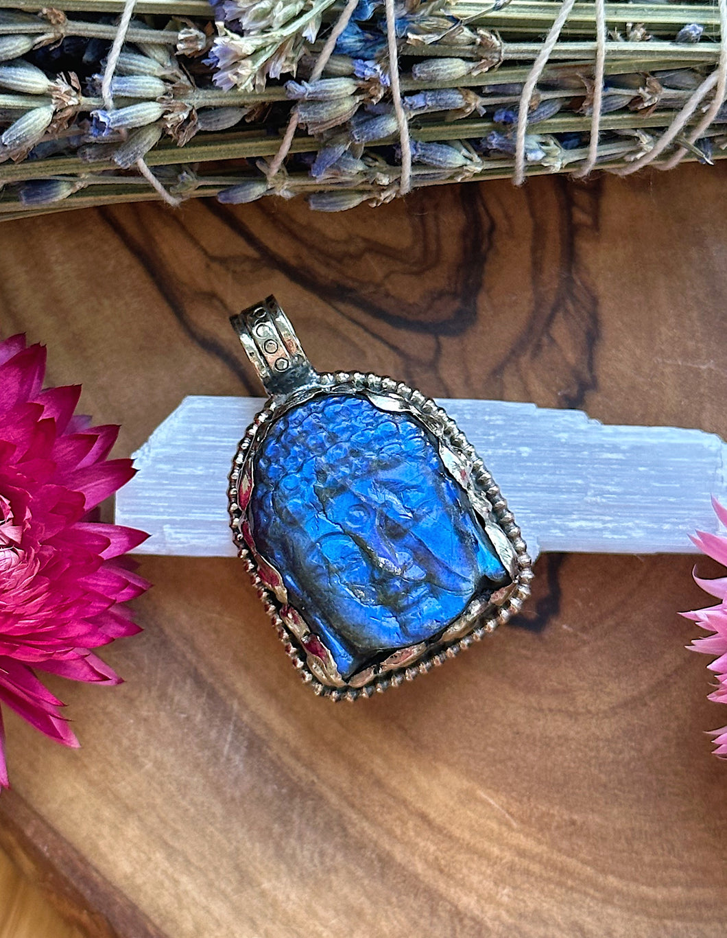 36mm Labradorite Buddha Carving - White Brass