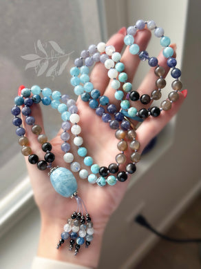 RESERVED - Ocean’s Depths - Aquamarine Guru + AAA Aquamarine, Larimar, AAA Black Moonstone, Rainbow Moonstone, AAA Silver Obsidian, Iolite - 108 Mala Necklace