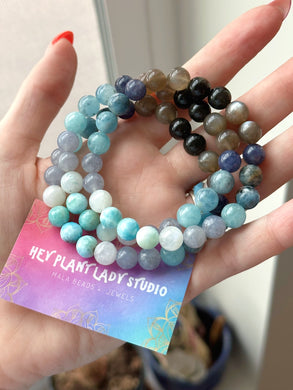 Ocean’s Depths Bracelet - Aquamarine, Larimar, Black Moonstone, Rainbow Moonstone, Silver Obsidian, Iolite - Gemstone Stretch Mala Bracelet