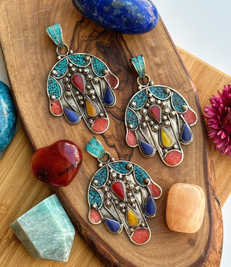 80mm Colorful Inlaid Hamsa - White Brass