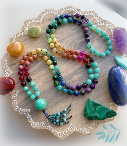 Kaleidoscope - Amazonite + Rainbow Gemstone 108 Mala Necklace - Apatite + Amazonite Beaded Tassel (40") - Blue Cord