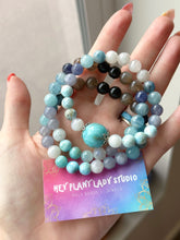 Load image into Gallery viewer, Larimar + 925 Sterling Silver Bracelet - Aquamarine, Larimar, Rainbow Moonstone, Iolite - Gemstone Stretch Mala Bracelet