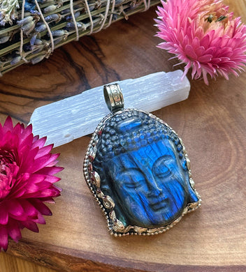 55mm Labradorite Buddha Carving Pendant - White Brass
