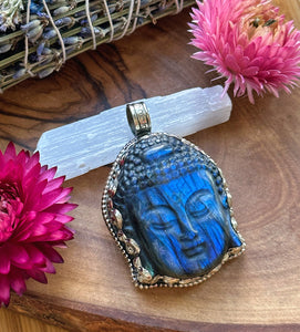 55mm Labradorite Buddha Carving Pendant - White Brass