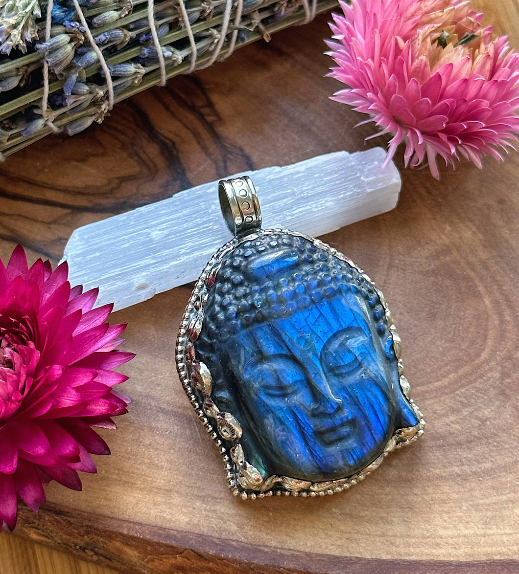 55mm Labradorite Buddha Carving Pendant - White Brass
