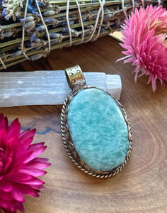 48mm Chatoyant Amazonite Pendant - White Brass