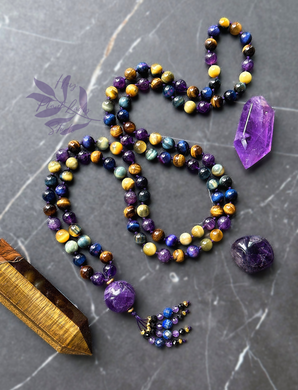 Divinely Protected - Galaxy Tigers Eye 108 - Gemstone Mala Necklace - Amethyst Guru // Amethyst, Spinel, Lapis Lazuli Tassel