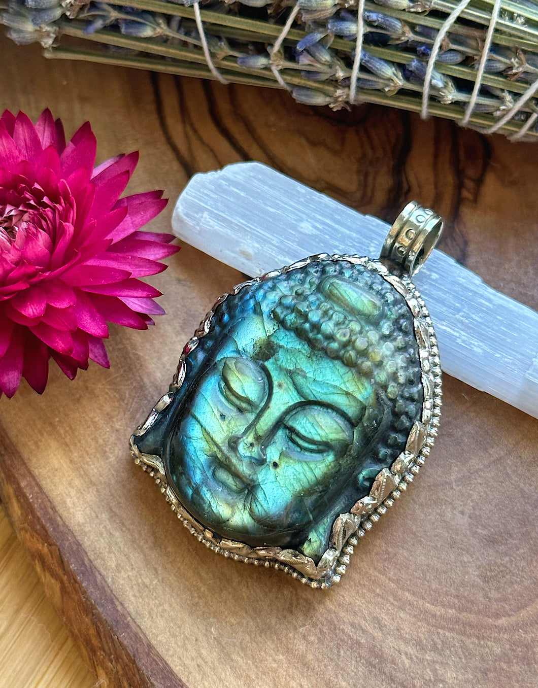 55mm Labradorite Buddha Carving Pendant - White Brass