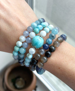 Ocean’s Depths Bracelet - Aquamarine, Larimar, Black Moonstone, Rainbow Moonstone, Silver Obsidian, Iolite - Gemstone Stretch Mala Bracelet