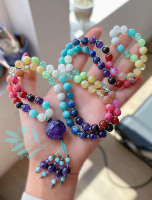 Happy Soul - Amethyst + Rainbow Gemstone 108 Mala Necklace - Amazonite + Amethyst Beaded Tassel (40