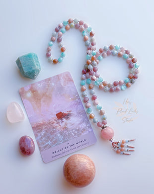 Soothing the Soul - 108 Mala Necklace Kunzite, Moonstone, Aquamarine, Rose Quartz + Rose Quartz Guru + Aquamarine + Peach Moonstone Tassel