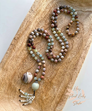 Calm Within - Laguna Lace Agate + Aquamarine + Amazonite Guru + Solid Thai Silver+ Mother of Pearl Tassel - 108 Gemstone Mala Necklace