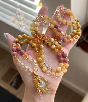 Radiant Being of Light - 24k Gold Overlay Hamsa + Aura Quartz - 108 Gemstone Mala Necklace