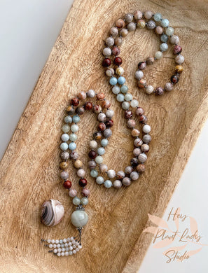 Calm Within - Laguna Lace Agate + Aquamarine + Amazonite Guru + Solid Thai Silver+ Moonstone Tassel - 108 Gemstone Mala Necklace