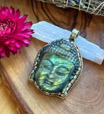 55mm Labradorite Buddha Carving Pendant - White Brass