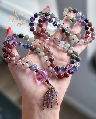 Clear Mind Open Heart - 108 Mala Bead Necklace - Rainbow Fluorite Guru & Tourmaline + Fluorite Tassel