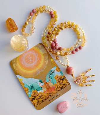 Radiant Manipura - 108 Gemstone Mala Necklace - Yellow Aura Quartz, Honey Citrine, Honey Calcite, Golden Tigers Eye, Gold Aura Quartz