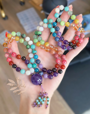 Reserved - Happy Soul - Amethyst + Rainbow Gemstone 108 Mala Necklace - Amazonite + Amethyst Beaded Tassel (40