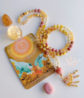 Radiant Manipura - 108 Gemstone Mala Necklace - Yellow Aura Quartz, Honey Citrine, Honey Calcite, Golden Tigers Eye, Gold Aura Quartz