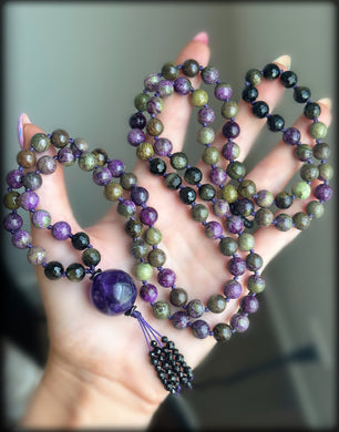 Kundalini Awakening - Atlantisite + Gold Sheen Obsidian 108 - Gemstone Mala Necklace - Amethyst Guru //Spinel Tassel