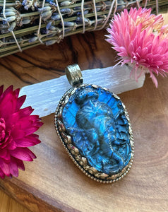 55mm Labradorite Ganesha Elephant Carving - White Brass