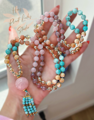Kindness from the Heart - 108 Gemstone Mala Necklace - Gold Aura Quartz, Mother of Pearl, Amazonite, Pectolite, Rose Quartz, & Peach Moonstone