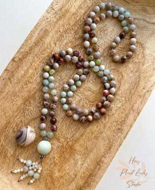 Calm Within - Laguna Lace Agate + Aquamarine + Amazonite Guru + Solid Thai Silver+ Mother of Pearl Tassel - 108 Gemstone Mala Necklace