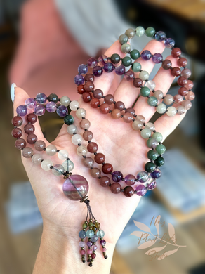 Clear Mind Open Heart - 108 Mala Bead Necklace - Rainbow Fluorite Guru & Tourmaline + Fluorite Tassel