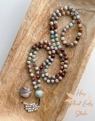 Calm Within - Laguna Lace Agate + Aquamarine + Amazonite Guru + Solid Thai Silver+ Mother of Pearl Tassel - 108 Gemstone Mala Necklace