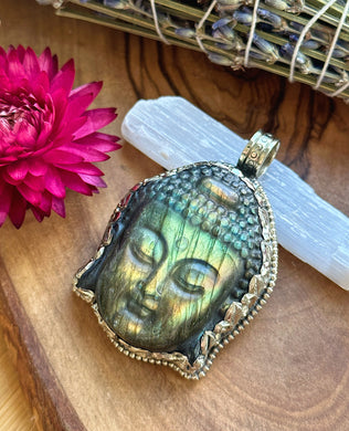 55mm Labradorite Buddha Carving Pendant - White Brass