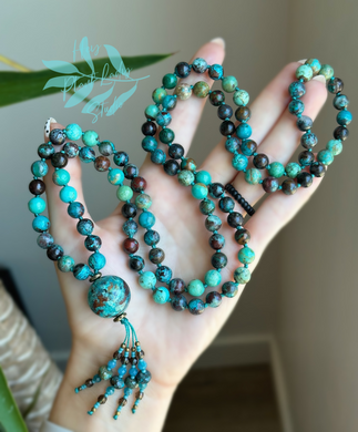 Peaceful Earth Energy - 8mm Chrysocolla + Genuine Turquoise + Azurite - Chrysocolla Guru + Apatite, Smoky Quartz, and Chrysocolla Tassel