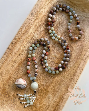 Calm Within - Laguna Lace Agate + Aquamarine + Amazonite Guru + Solid Thai Silver+ Mother of Pearl Tassel - 108 Gemstone Mala Necklace
