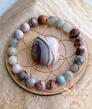 Load image into Gallery viewer, Calm Within - Laguna Lace Agate + Aquamarine Stretch Mala Bracelet