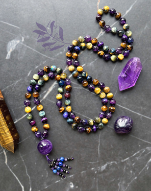 Divinely Protected - Galaxy Tigers Eye 108 - Gemstone Mala Necklace - Amethyst Guru // Amethyst, Spinel, Lapis Lazuli Tassel