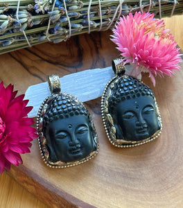45mm Obsidian Buddha Carving - White Brass