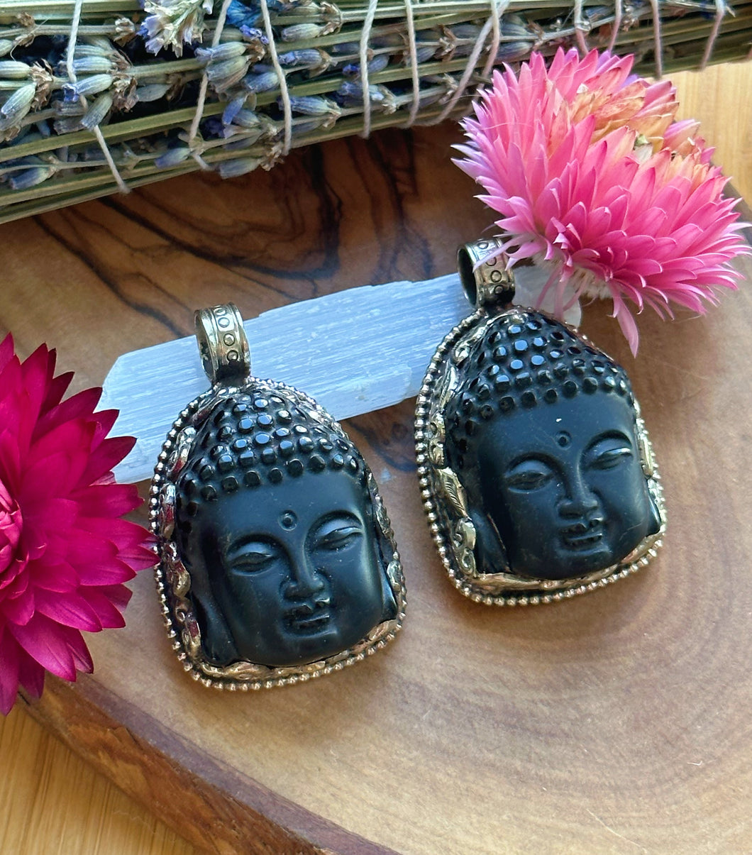 45mm Obsidian Buddha Carving - White Brass