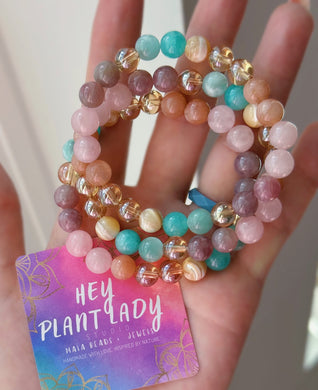 Kindness from the Heart - Gold Aura Quartz, Mother of Pearl, Amazonite, Pectolite, Rose Quartz, & Peach Moonstone - Gemstone Stretch Mala Bracelet