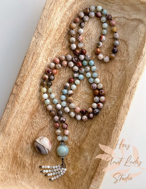 Calm Within - Laguna Lace Agate + Aquamarine + Amazonite Guru + Solid Thai Silver+ Mother of Pearl Tassel - 108 Gemstone Mala Necklace