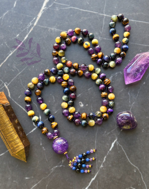 Divinely Protected - Galaxy Tigers Eye 108 - Gemstone Mala Necklace - Amethyst Guru // Amethyst, Onyx, Lapis Lazuli Tassel