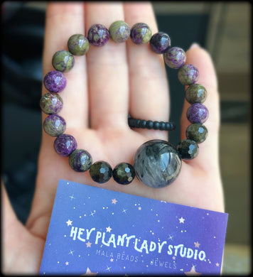 Kundalini Awakening - Tourmalinated Quartz + Atlantisite + Gold Sheen Obsidian Stretch Mala Bracelet