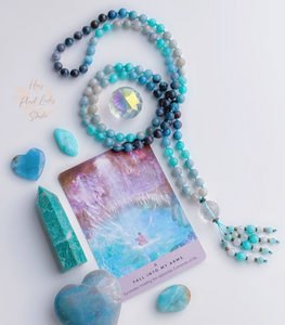 Blissful Energy - Trolleite + Amazonite - 108 Mala Bead Necklace - Clear Quartz + Rainbow moonstone & Amazonite tassel