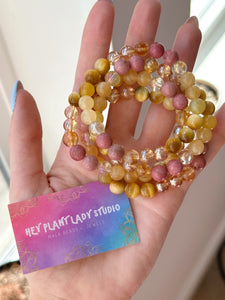 RESERVED - Radiant Manipura -  8mm Yellow Aura Quartz, Honey Citrine, Honey Calcite, Golden Tigers Eye, Gold Aura Quartz and Rhodonite - Gemstone Stretch Mala Bracelet