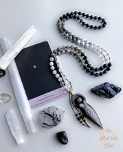 Load image into Gallery viewer, It’s Only a Phase - 24k Gold Overlay Silver Sheen Obsidian Goddess - 108 Gemstone Mala Necklace